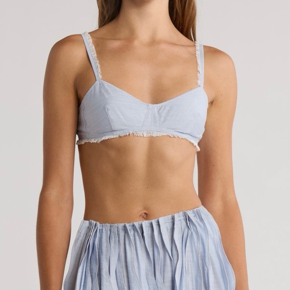 NWT CULT GAIA FRAYED OUTLINE WHITE AND BLUE CROP TOP WITH ADJUSTABLE STRAPS - Picture 3 of 3